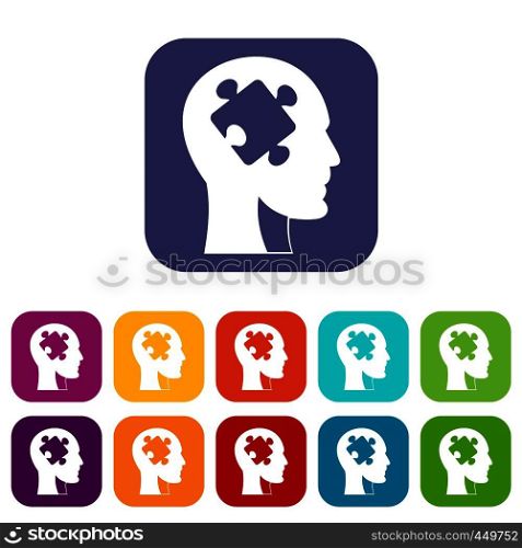 Head with puzzle icons set vector illustration in flat style In colors red, blue, green and other. Head with puzzle icons set flat