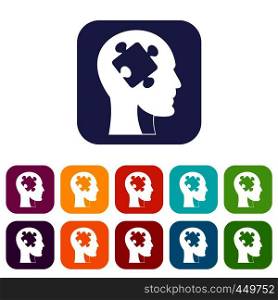 Head with puzzle icons set vector illustration in flat style In colors red, blue, green and other. Head with puzzle icons set flat