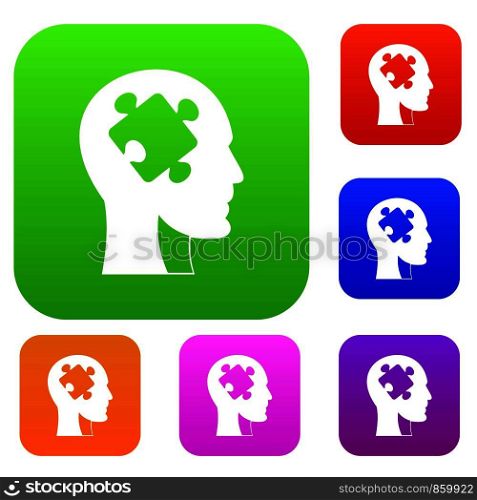 Head with puzzle set icon color in flat style isolated on white. Collection sings vector illustration. Head with puzzle set color collection
