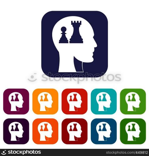 Head with queen and pawn chess icons set vector illustration in flat style In colors red, blue, green and other. Head with queen and pawn chess icons set flat
