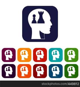 Head with queen and pawn chess icons set vector illustration in flat style In colors red, blue, green and other. Head with queen and pawn chess icons set flat