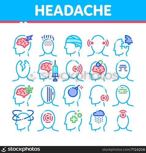 Headache Collection Elements Vector Icons Set Thin Line. Tension And Cluster Headache, Migraine And Brain Symptom Concept Linear Pictograms. Head Healthcare Color Contour Illustrations. Headache Collection Elements Vector Icons Set