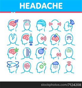 Headache Collection Elements Vector Icons Set Thin Line. Tension And Cluster Headache, Migraine And Brain Symptom Concept Linear Pictograms. Head Healthcare Color Contour Illustrations. Headache Collection Elements Vector Icons Set