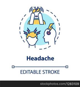 Headache concept icon. Flu infection. Migraine pain. Stress tension. Hangover, allergy. Cold symptom idea thin line illustration. Vector isolated outline RGB color drawing. Editable stroke