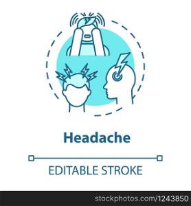 Headache concept icon. Flu infection. Migraine pain. Trouble and stress. Hangover, allergy. Cold symptom idea thin line illustration. Vector isolated outline RGB color drawing. Editable stroke