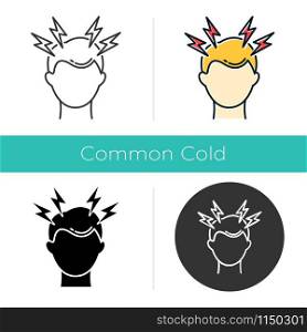 Headache icon. Migraine. Head pain. Common cold symptom. Healthcare. Healthcare. Pressure and tension. Anxiety and stress. Flat design, linear and color styles. Isolated vector illustrations