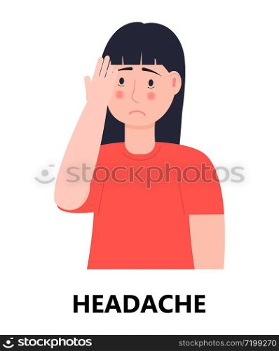Headache icon vector. Flu, cold, symptom is shown. Woman put her hand to her forehead. Respiratory disease concept. Illustration of person with migraine, epilepsy.. Headache icon vector. Flu, cold, symptom is shown. Woman put her hand to her forehead. Respiratory disease concept. Illustration person with migraine, epilepsy.