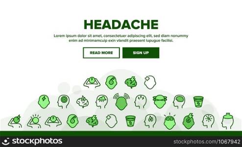 Headache Landing Web Page Header Banner Template Vector. Migraine Brain, Tension And Cluster Headache Symptom Illustration. Headache Landing Header Vector