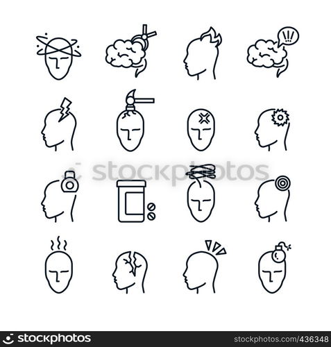 Headache, migraine pain treatment medical line vector icons. Migraine and sick, human headache and disease illustration. Headache, migraine pain treatment medical line vector icons