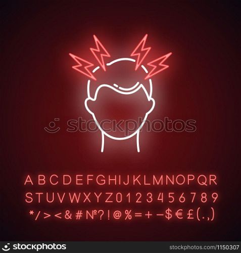Headache neon light icon. Migraine. Head pain. Common cold symptom. Healthcare. Pressure and tension. Anxiety and stress. Glowing sign with alphabet, numbers and symbols. Vector isolated illustration