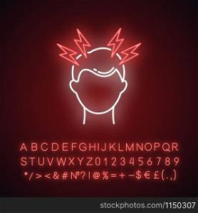Headache neon light icon. Migraine. Head pain. Common cold symptom. Healthcare. Pressure and tension. Anxiety and stress. Glowing sign with alphabet, numbers and symbols. Vector isolated illustration