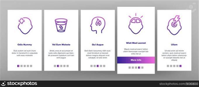 Headache Onboarding Mobile App Page Screen Vector Thin Line. Migraine Brain, Tension And Cluster Headache Symptom Linear Pictograms. Head Medical Problem Illustrations. Headache Onboarding Vector