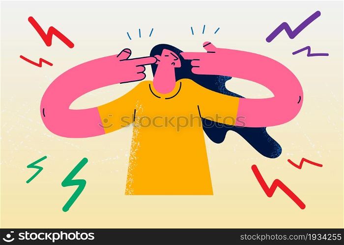 Headache, stress and pain concept. Young stressed irritated woman cartoon character standing touching ears and head feeling headache suffering vector illustration . Headache, stress and pain concept.
