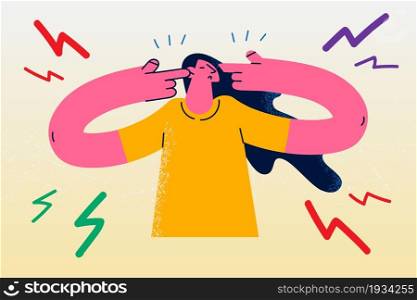 Headache, stress and pain concept. Young stressed irritated woman cartoon character standing touching ears and head feeling headache suffering vector illustration . Headache, stress and pain concept.