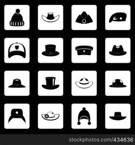 Headdress hat icons set in white squares on black background simple style vector illustration. Headdress hat icons set squares vector