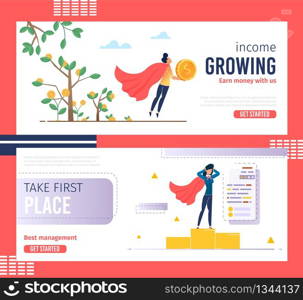 Header Banner Advertising Services for Business Management. Motivation Phrase for Development Goal Achievement Taking First Places Income Growing. Vector Cartoon Super Business People Illustration. Services for Business Management Header Banner