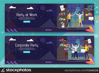 Header Banner Set Advertises Party at Work and Corporate Rest Organization. Cartoon Office People Characters Having Fun, Drinking Wine at Modern Coworking Workplace. Vector Flat Illustration. Ad Banner Set Party at Work and Business Team Rest