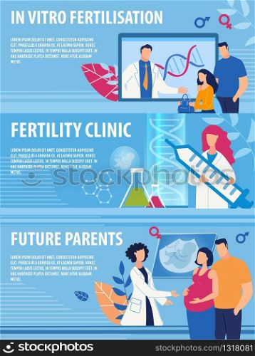 Header Banners Set for Online Fertility Clinic. Service Offering In Vitro Fertilization for People who Want to Become Parents. Scientific Laboratory and Doctors. Vector Medical Illustration. Header Banners Set for Online Fertility Clinic