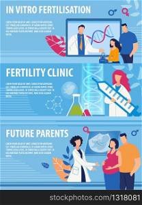 Header Banners Set for Online Fertility Clinic. Service Offering In Vitro Fertilization for People who Want to Become Parents. Scientific Laboratory and Doctors. Vector Medical Illustration. Header Banners Set for Online Fertility Clinic