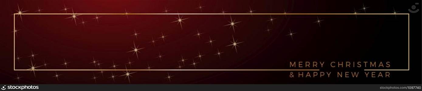 Header Merry Christmas text and golden frame, empty red background, made with starry sky