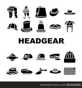 Headgear Stylish Head Clothes Icons Set Vector. Children Winter Warm Hat And Panama Summer Seasonal Clothing, Baseball Cap And French Beret, Cylinder And Dawley Limao Headgear Color Illustrations. Headgear Stylish Head Clothes Icons Set Vector