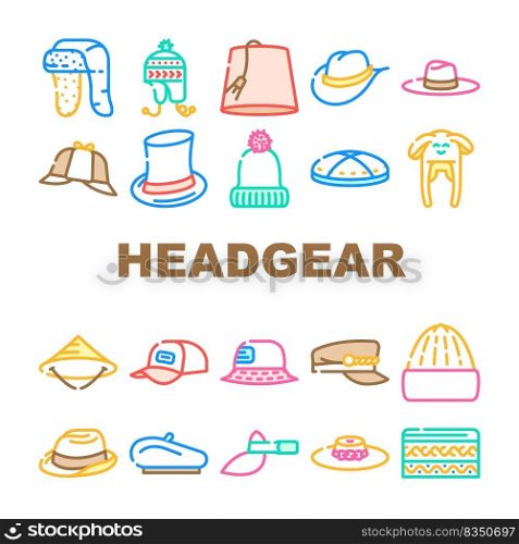 Headgear Stylish Head Clothes Icons Set Vector. Children Winter Warm Hat And Panama Summer Seasonal Clothing, Baseball Cap And French Beret, Cylinder And Dawley Limao Headgear Color Illustrations. Headgear Stylish Head Clothes Icons Set Vector