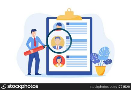 Headhunters searching for employee. man worker of recruiting service with magnifying glass looking for best candidate cv, recruitment agency. Vector illustration in flat style. Headhunters searching for employee.