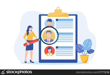 Headhunters searching for employee. woman worker of recruiting service with magnifying glass looking for best candidate cv, recruitment agency. Vector illustration in flat style. Headhunters searching for employee.