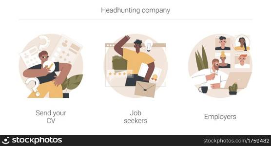 Headhunting company abstract concept vector illustration set. Send your CV, job seekers and employers, HR service, apply now, employee profile, career building, find vacancy abstract metaphor.. Headhunting company abstract concept vector illustrations.