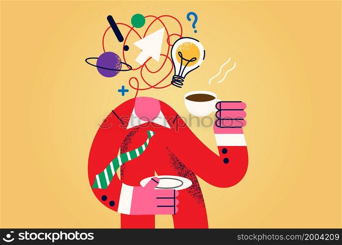 Headless man drink coffee in morning generate ideas in head. Male enjoy refreshing hot drink brainstorm develop business strategies or plans. Routine, habit concept. Flat vector illustration. . Man drink coffee generate business ideas in head