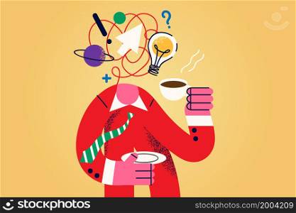 Headless man drink coffee in morning generate ideas in head. Male enjoy refreshing hot drink brainstorm develop business strategies or plans. Routine, habit concept. Flat vector illustration. . Man drink coffee generate business ideas in head