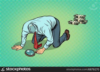 Headless man looking through a magnifying glass money. pop art retro vector illustration. Headless man looking through a magnifying glass money