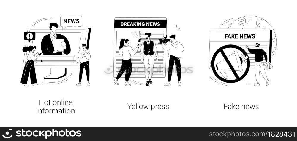 Headline content abstract concept vector illustration set. Hot online information, yellow press, fake news, breaking, paparazzi media, online magazine, celebrity scandal, rumors abstract metaphor.. Headline content abstract concept vector illustrations.
