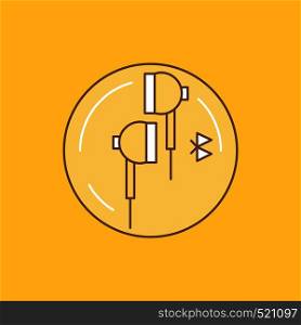 Headphone, ear, phone, bluetooth, music Flat Line Filled Icon. Beautiful Logo button over yellow background for UI and UX, website or mobile application. Vector EPS10 Abstract Template background
