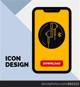 Headphone, ear, phone, bluetooth, music Glyph Icon in Mobile for Download Page. Yellow Background. Vector EPS10 Abstract Template background