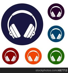 Headphone icons set in flat circle red, blue and green color for web. Headphone icons set