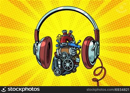 Headphones and steampunk heart motor. Pop art retro vector illustration. Headphones and steampunk heart motor