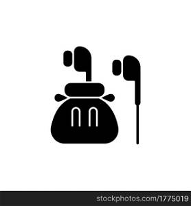 Headphones black glyph icon. Compact bag with earphones for trip. Portable amenities. Essentials for tourist. Travel size objects. Silhouette symbol on white space. Vector isolated illustration. Headphones black glyph icon