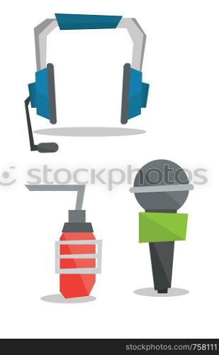 Headphones, classic microphone and studio microphone vector flat design illustration isolated on white background.. Headphones and microphones vector illustration.