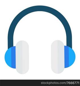 Headphones for listening music. Electronic device that makes sound and person can hear melody by ears. Plastic black with blue earphones on white background. Vector illustration in flat style. Electronic Device Headphones for Listening Music