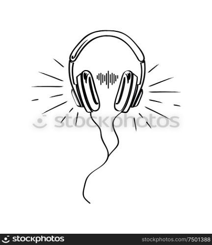 Headphones, headset with music playing loud monochrome sketch outline vector line art. Colorless device, listen to sounds, stereo audio accessory with cable. Headphones, Headset with Music Playing Loud Sketch