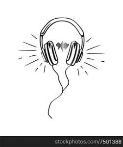 Headphones, headset with music playing loud monochrome sketch outline vector line art. Colorless device, listen to sounds, stereo audio accessory with cable. Headphones, Headset with Music Playing Loud Sketch