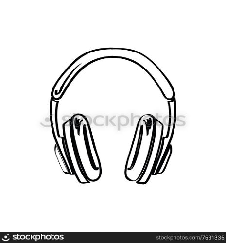 Headphones, headset with music playing loud monochrome sketch outline vector line art. Colorless device, listen to sounds, stereo audio accessory without cable. Headphones, Headset with Music Playing Loud Sketch