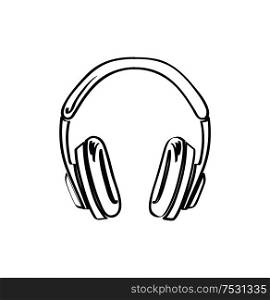 Headphones, headset with music playing loud monochrome sketch outline vector line art. Colorless device, listen to sounds, stereo audio accessory without cable. Headphones, Headset with Music Playing Loud Sketch