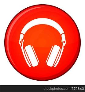 Headphones icon in red circle isolated on white background vector illustration. Headphones icon, flat style