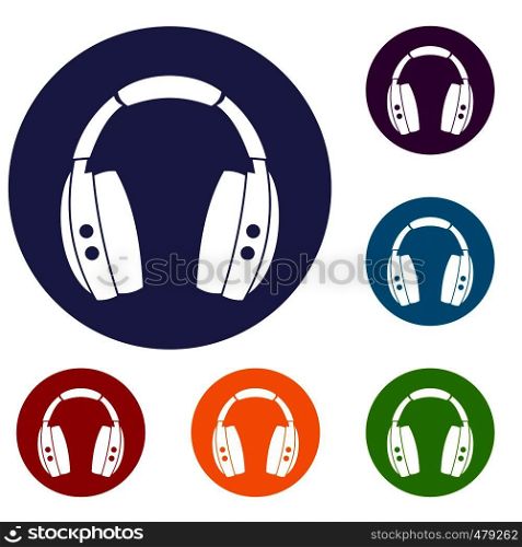 Headphones icons set in flat circle red, blue and green color for web. Headphones icons set