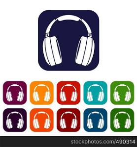 Headphones icons set vector illustration in flat style in colors red, blue, green, and other. Headphones icons set