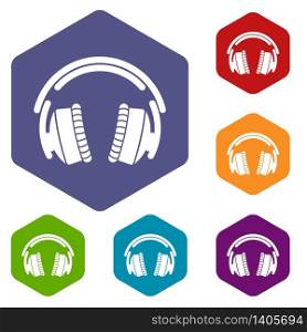 Headphones icons vector colorful hexahedron set collection isolated on white. Headphones icons vector hexahedron