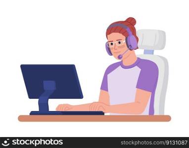 Headphones man playing on computer semi flat color vector character. Editable figure. Half body person on white. Simple cartoon style spot illustration for web graphic design and animation. Headphones man playing on computer semi flat color vector character