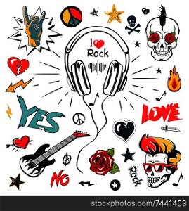 Headphones music and musical patches, stickers isolated icons vector. Skull and roses, electric guitar, rock sign and peace symbol. Starts and hearts. Headphones Music, Musical Patches, Stickers Icons